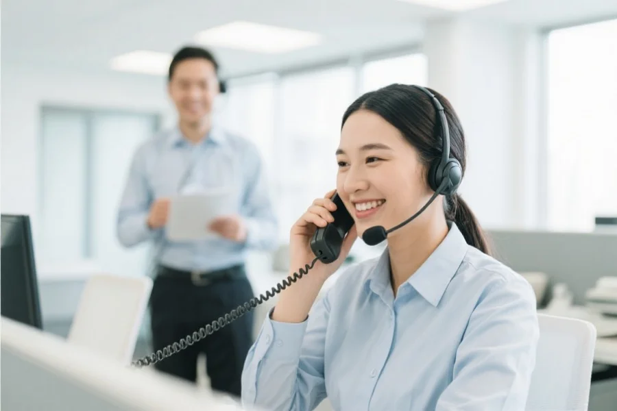 客服人员在明亮舒适的办公环境中微笑接听电话，象征全天候专业支持