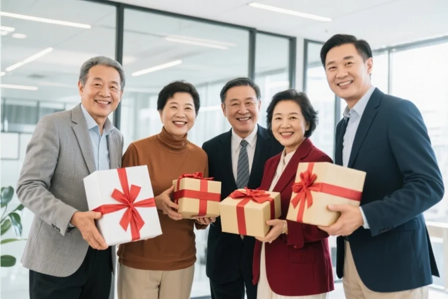 几位会员手持礼品盒在现代化室内空间中开心合影，象征会员多样福利和温馨氛围
