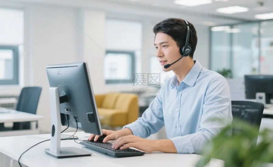 一个客服代表通过电脑为客户在线解答问题，背景是舒适的现代办公环境